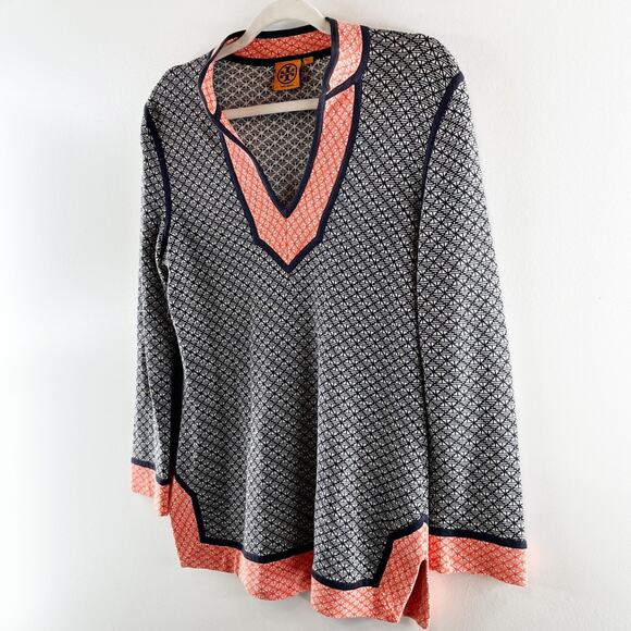 Tory Burch Colorblock Geometric Knit Tunic Sweater Top Blue Orange Small - Picture 4 of 8